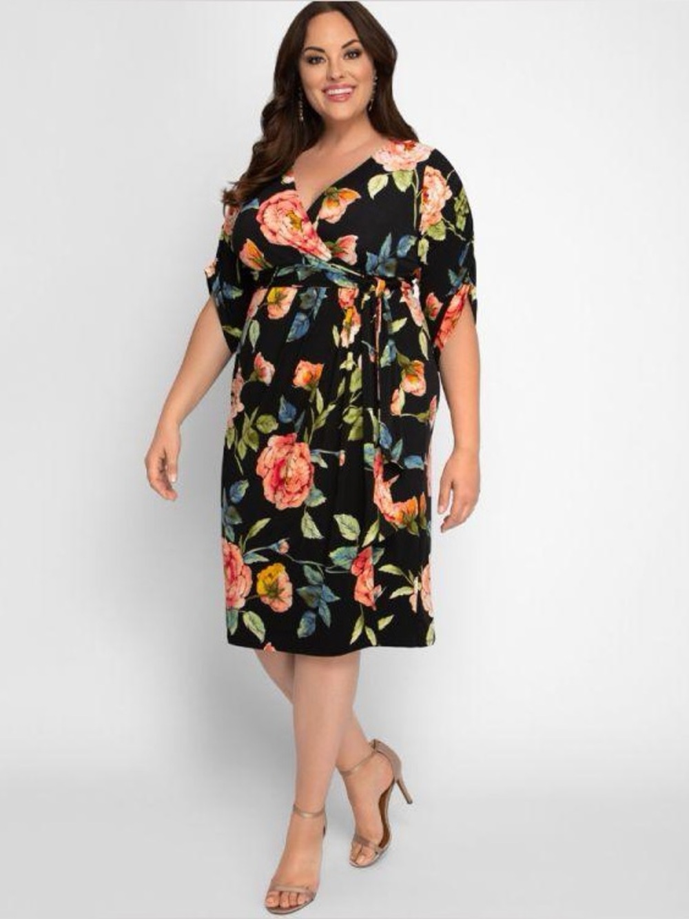 Kiyonna Eden Floral Faux Wrap Midi Dress, Size 1X